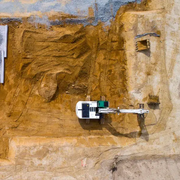 Vue aérienne d'une pelleteuse sur chantier